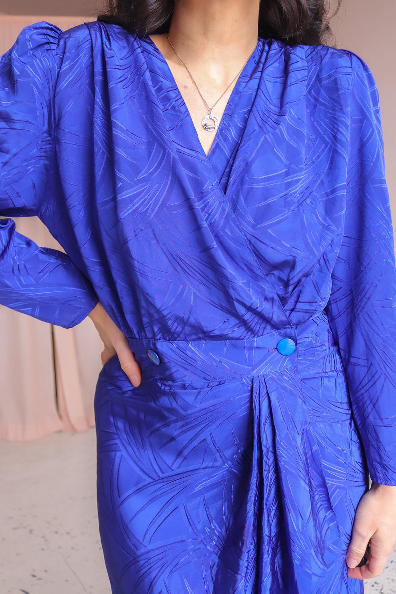 Wrap Midi Dress in Blue Jacquard - UK ...